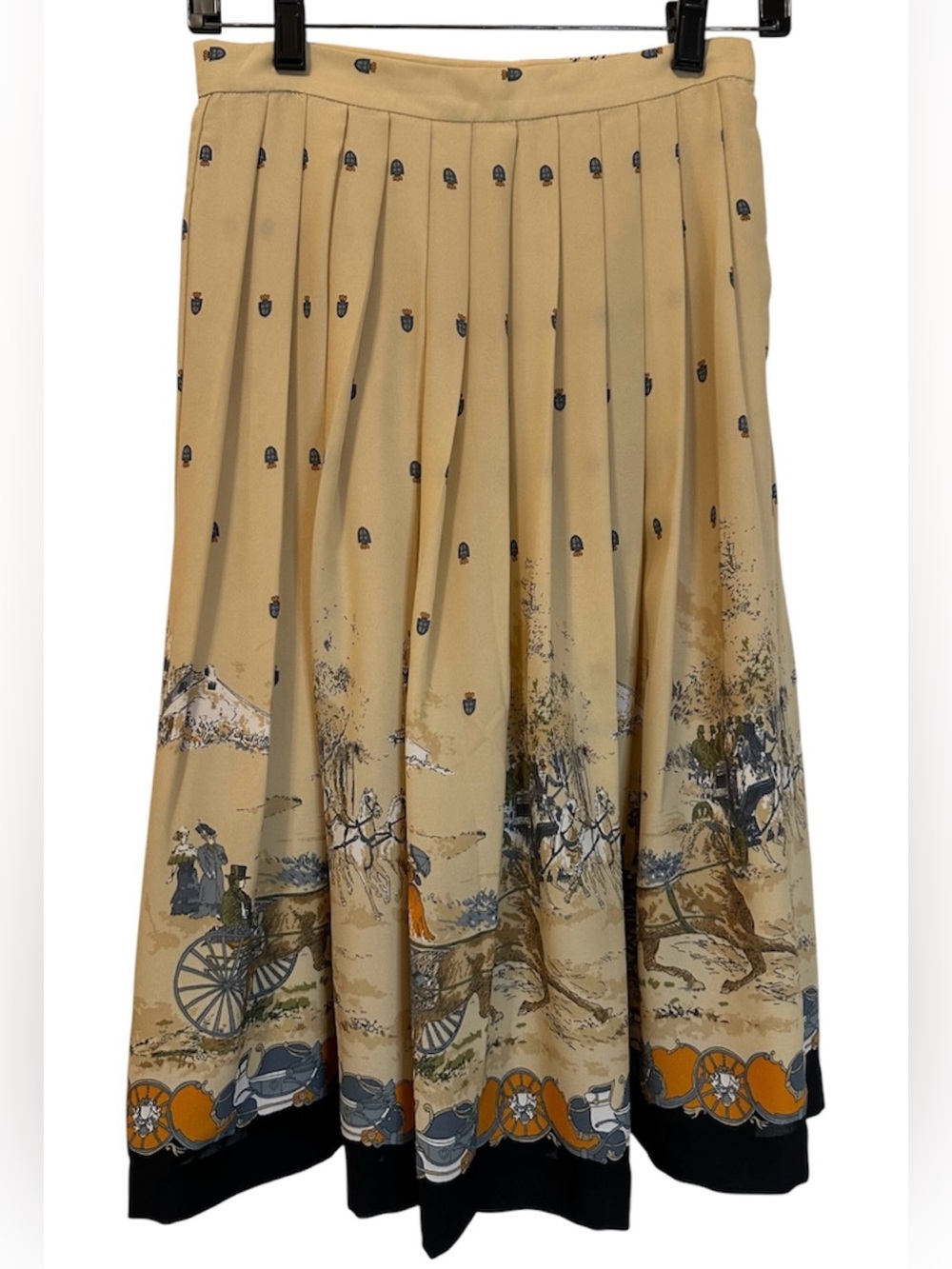 Simple Retro Pleated Beige Scenic Print Midi Skirt